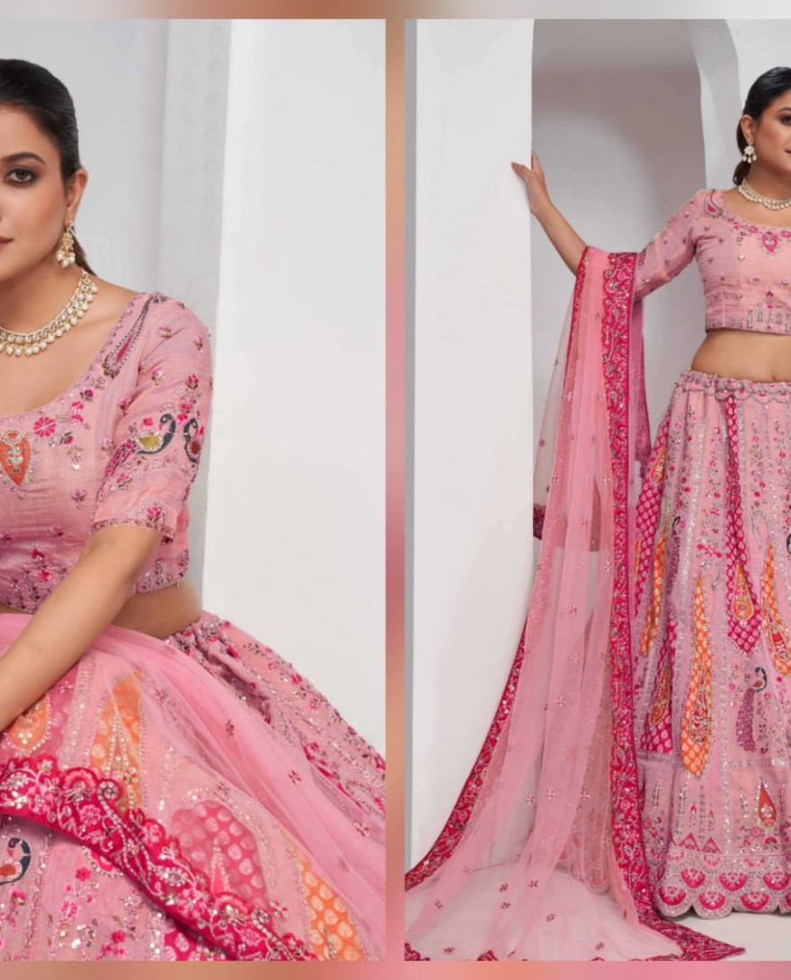 484pink - Elegant Rose Pink Silk Lehenga Choli with Peacock & Paisley Motifs
